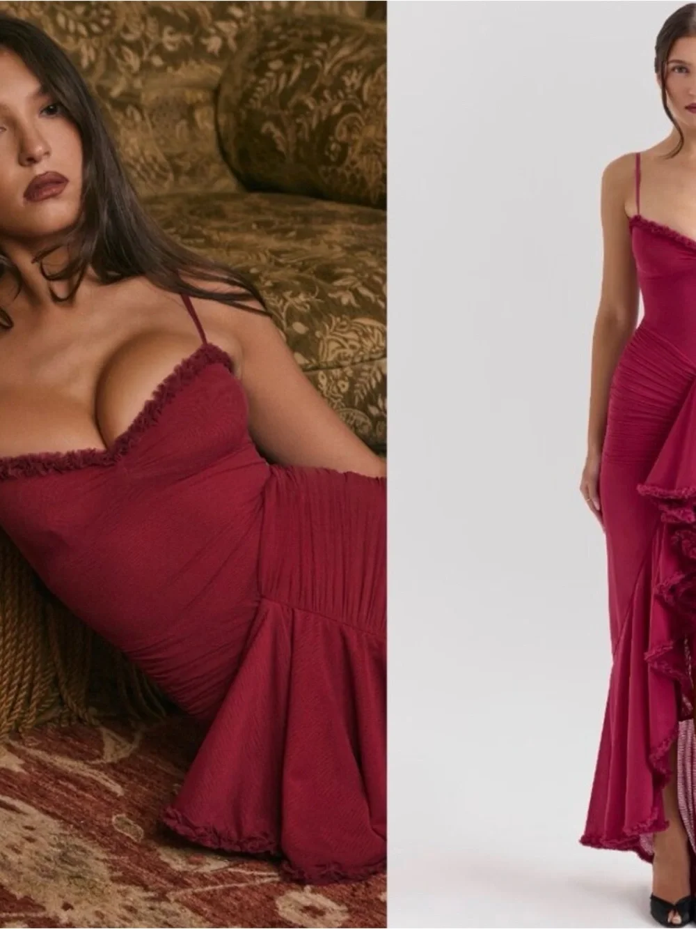 House of Cb “Gabbi” Dark Red- Burgundy Ruched Ruffle Maxi Dress